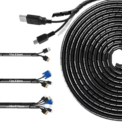 Gaine Spirali per Cavi Nera, 3 pezzi Spirale Avvolgicavo, 4mm(20m), 6mm(15m), 8mm(12m), Guaina per Cavi Universale, Per cavi TV, computer e auto, adatto per casa e ufficio
