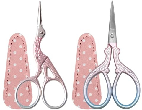 2PCS Stickschere Kleine,Edelstahl Storch Nähschere mit Gefälschter Lederscherenabdeckung für Stickerei, Handarbeiten, Nähen, Basteln und täglichen Gebrauch Rosa