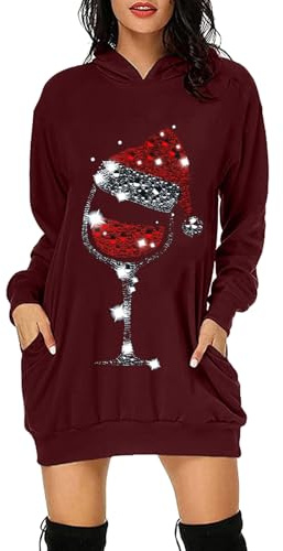 Générique Robe Pull de Noël pour Femmes Robe Midi Confortable à Manches Longues avec Impression Verre à Vin Tenue de Fête Festive Moche et Rigolote Idée Cadeau de Noël