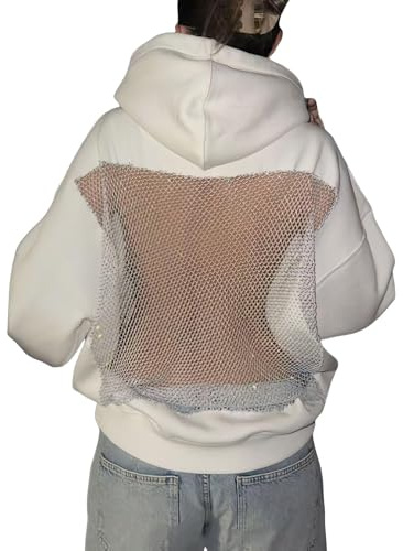 YGERGWE Sweat à capuche surdimensionné en maille dans le dos avec poches kangourou transparentes, pull ample à manches longues, pull léger dos nu uni pour femme