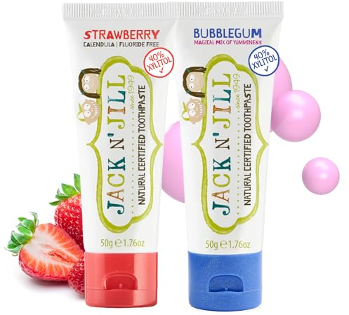 Jack N' Jill Natural Toothpaste for Kids - Fluoride Free Toothpaste, 40% Xylitol, BPA Free - Strawberry & Bubblegum, 1.76 oz (2 Pack)