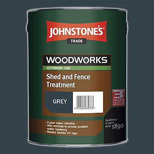 GREY - 5ltr Johnstones Shed and Fence Paint Treatment - 3 Year Colour Retention - UV & Water Resistant - GREY - Free 4 Woodcare Brush