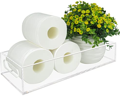 Tasybox Toilet Paper Holder with Storage, Acrylic Toilet Tank Tray, Clear Bathroom Trays with Handles Vanity Tray for Home Decor