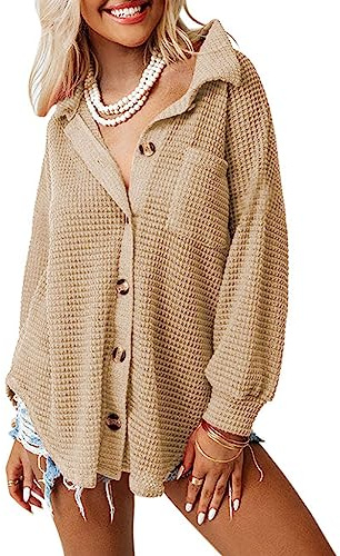 Dokotoo Women Waffle Knit Top 2026 Fashion Solid Color Oversized Long Sleeve Button Up Pockets Shirts Ladies Loose Fit Shacket Tunic Blouses Khaki Medium