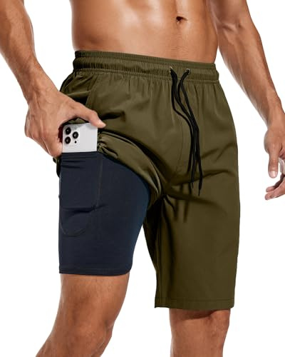 difficort Mens Swim Trunks Quick Dry Bathing Suit 9 inch Inseam Board Shorts with Compression Liner and Zipper Pocket,Army Green,X-Large