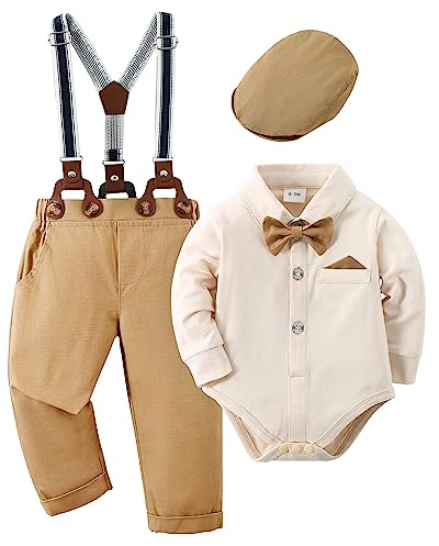 Amissz Trajes de Bebé Niño, Bebés Bautizo Boda Fiesta Conjunto de Peleles con Pajarita+ Pantalón + Sombreros Ropa Beis 0-3 meses