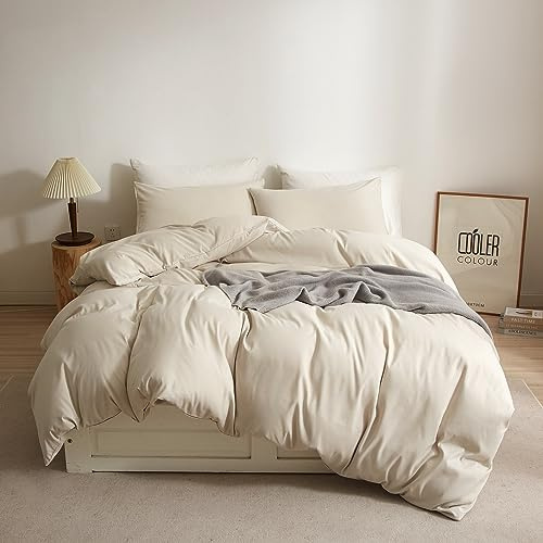 Ruccit Set copripiumino beige king size 100% microfibra spazzolata per letto king, morbido set di biancheria da letto semplice e in tinta unita con 3 pezzi, chiusura a cerniera e lacci angolari