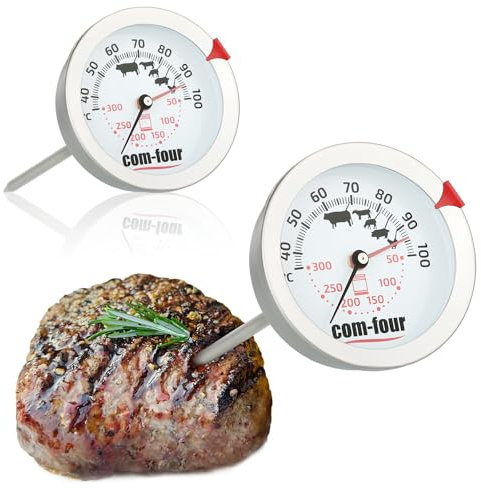 COM-FOUR® 2x Termometro per Arrosto - Termometro per Carne a 2 Zone con Display di Controllo del Punto di Cottura - Termometro Analogico per Grill e Forno - Ago per Carne (2 pezzi - 2 zone)
