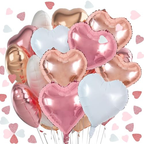 GoldRock Herz Folienballon Konfetti Hochzeit Deko,24 Stk Herzluftballons Folie,18'' Folienballons Herzen,Valentinstag Heiratsantrag Deko,Helium Herzballons für Geburtstag Tischdeko Weiß Rosa Roségold