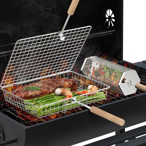 Ensemble de Paniers à Barbecue Emboîtables (1 + 1), Poignée Amovible, Acier Inoxydable 304, Accessoires Barbecue à Légumes et Crevettes, Barbecue Charbon de Bois de Camping, Cadeau Homme, Papa, Mari
