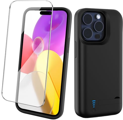 Giabuao Funda de Batería 8500mAh para iPhone 15 Pro, Delgada y Recargable con Carga Extendida, Funda Protectora Portátil con Batería y Soporte Plegable - Negro