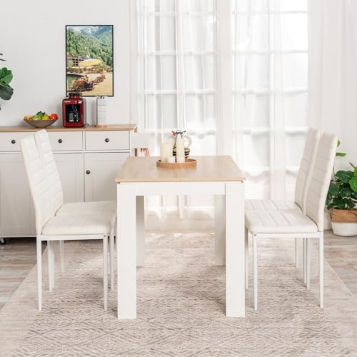 FURNITABLE Matbord med 4 stolar, matsalsuppsättning, set med 4 matsalsstolar och rektangulärt träbord Matbordsset för vardagsrum kök kontor (Ek Vitt Bord + 4 Vita Stolar)