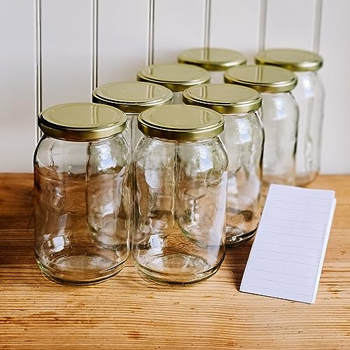 OOPS TOYS Lot de 24 bocaux de conservation de 900 ml avec couvercle à visser et couvercles dorés - Bocaux avec étiquettes - Bocaux à visser avec couvercle - Grands bocaux Weck (24 pièces)