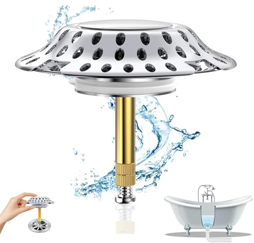 Powerruif Tappo Vasca da Bagno Universale, 2 in 1 Filtro per Capelli Tappo per Vasca da Bagno, Tappo di Scarico Cromato in Ottone Massiccio con Design del Filtro, Regolabile in Altezza