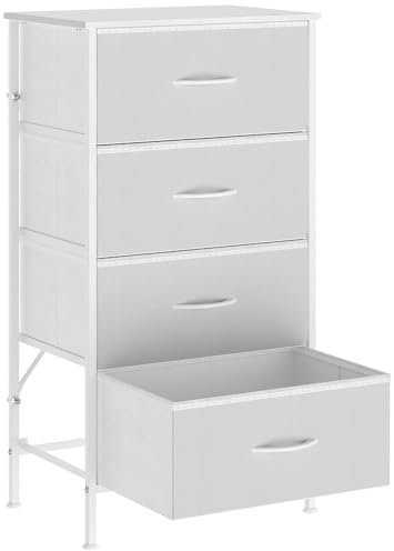 KU Syang Dresser with 4 Drawers - Fabric Chest of Drawers with Large Storage Space, Modern Tall Tower Unit Storage Organiser for Living Room/Bedroom, Wooden Top and Metal Frame (White)