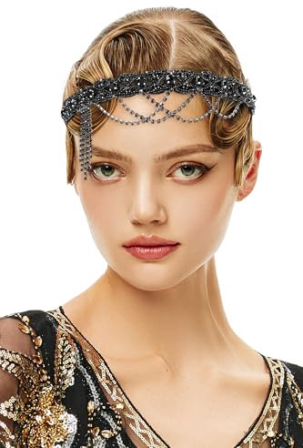 BABEYOND Flapper 1920s Gatsby Stirnband - 20s Vintage Strass Haarband Hochzeit Prom Haar Kopfkette Stirn Kopfschmuck für Damen Schwarz
