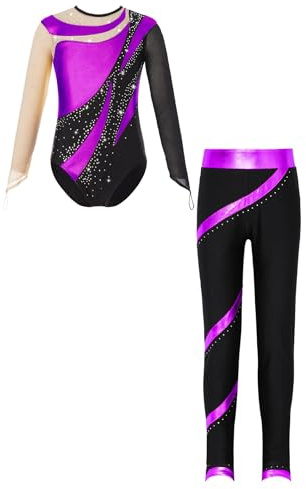 Fldy Justaucorps pour fille avec pantalon long, manches longues, paillettes, métallisé, justaucorps de gymnastique, leggings, ensemble de patinage artistique, ballet, vêtements de danse, Violet,
