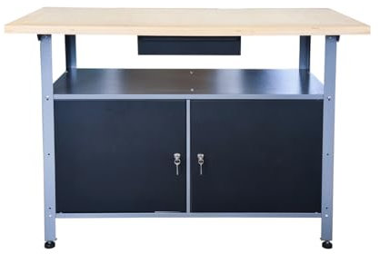 Werkbank aus Metall mit 30 mm Sperrholzplatte, verschließbaren Türen und Schublade, Maße (BxTxH): 120 x 85 x 60 cm