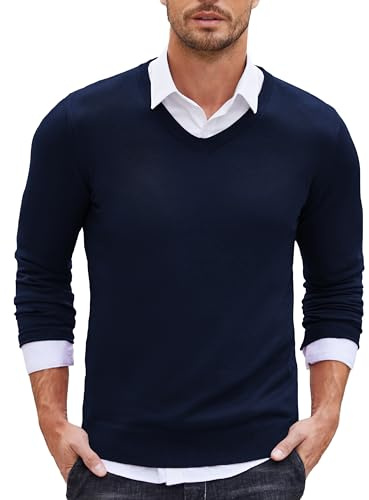 COOFANDY Maglione da uomo con scollo a V, per uomo, slim fit, maglione da lavoro, a maniche lunghe, caldo, maglione invernale casual, Blu marino, M