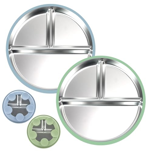 KATIMI 2 platos para bebé con succión, placa de succión de acero inoxidable para bebé, juego de alimentación de silicona para suministros de destete de niños, sin BPA (azul, verde)