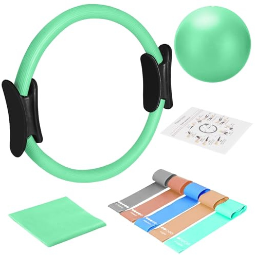 TOPZGLEEY Pilates Ring Set – 14 Anti-Deformation Magic Circle with Padded Handles, Mini Ball, 5 Resistance Bands, Guide, Pilates Equipment For Home Workout (Turquoise)