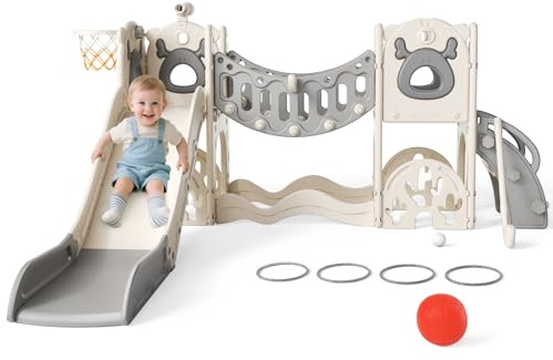 2025 New Upgraded Model Thickened & Widened Kids Slide,Toddler Slide Freestanding with Basketball Hoop, Baby Slide Playground Equipment,Kids Slides Outdoor for age 1-3 year (Elk(Beige and Gray) -7IN1)