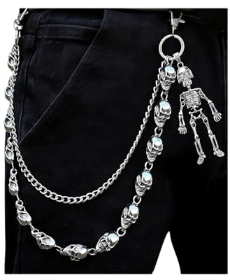 Skull Pants Chain for Men Women,Cool Wallet Chains for Men，Gothic Punk Jean Chain/Wallet Chain,Cool Belt & Wallet Goth Accessories & Belt Pant Chains For Jeans-Color: Silver