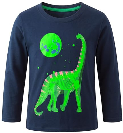 FILOWA T-Shirt Garçon Coton Manches Longue Tee Luminescent, 2-7 Ans | Col Rond, Dinosaure Impression Tee Shirt, Bleu Marine, Sport Base Top, Printemps Automne Haut Vetement pour Enfant, Doux