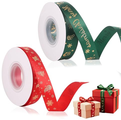 Zocipro 2 Rollos Cintas de Navidad 2,3cm x 23m, Cinta de Satén Rojo/Verde con Motivos Navideños para Envolver Regalos, Árbol de navidad, Boda, Manualidades, Costura