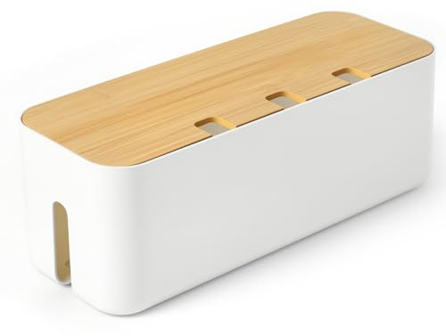Nymblis Cable Tidy Box, Cables Management Box for Wire Storage, Large Cable Organiser Box with Bamboo Lid, for Hiding Extension Power Strips and Cords from TV, Computers (White)