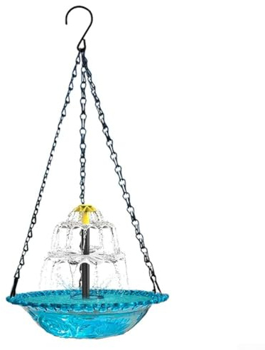 Desiumite Baignoire à oiseaux solaire bleue avec fontaine pour utilisation en extérieur, jardin, mangeoire à oiseaux suspendue résistante aux intempéries avec construction en métal et ABS, 23,5 x 45