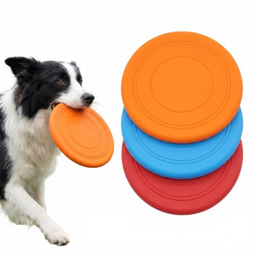 FIQLUL Lot de 3 Chien en Silicone, Disque Volant Résistant et Souple pour Dressage et Jeu de Plein Air, Jouet Interactif pour Chiens de Petite et Moyenne Taille, Ø 17,5 cm, Bleu/Rouge/Orange
