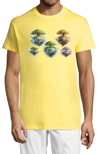 Flytande öar med frodiga träd och vattenfall rund hals bomull herr t-shirt gul