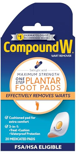 Compound W Maximum Strength One Step Plantar Wart Foot Pads with Salicylic Acid, Self-Adhesive, Cushioned and Waterproof Plantar Wart Treatment, 20 Count