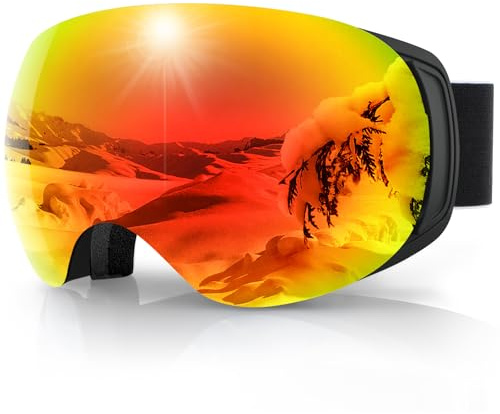 findway magnetisk skidmask, OTG-skidglasögon, unisex, för snowboard och skidor, imskydd, UV400-skydd, utbytbart sfäriskt glas, röd