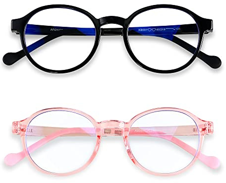 ANDWOOD Blue Light Glasses Kids Girls Boys 2 Pack Computer Gaming Anti Blue Ray Age3-12 TR90 Frame Unbreakable Black Pink