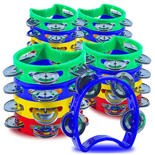 YEUIKERR 24 Pack Small Tambourine 4 Bells Plastic Colored Hand Tambourines Noise Makers Tambourine Bulk, Plastic Percussion Tambourine for Adults
