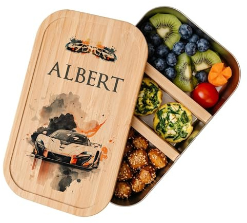 Manufaktur Liebevoll - Personalisierte Brotdose mit Fächern, Edelstahl Lunchbox mit Bambus Deckel u. Trenner, Nachhaltige Brotbüchse | Mädchen, Jungen | (Motiv Rennauto, Edelstahl | Größe S)