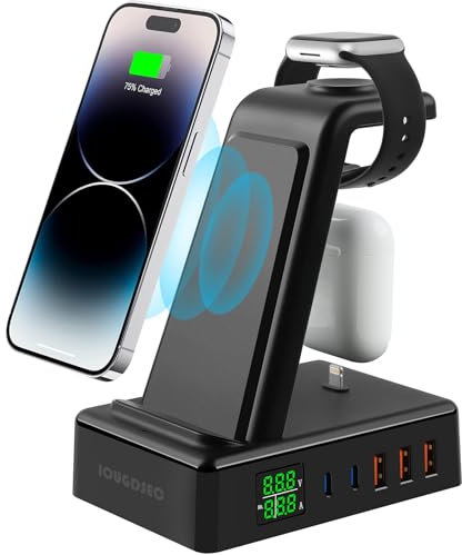 IOUGDSEC 8-in-1 kabelloses Ladegerät mit LCD, magnetischer kabelloser Ladeständer mit 2 kabellosen Ladegeräten und 6 USB-Anschlüssen, Qi-Schnellladestation, kompatibel mit iPhone, iWatch, AirPods,
