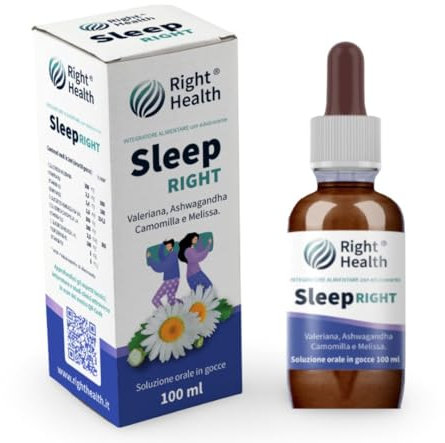 SLEEP RIGHT: Valeriana, Ashwagandha, Camomilla e Melissa 100 ml gocce. Integratore per sonno, stress e ansia. Rilassamento naturale senza Glutine, Lattosio e Alcool.