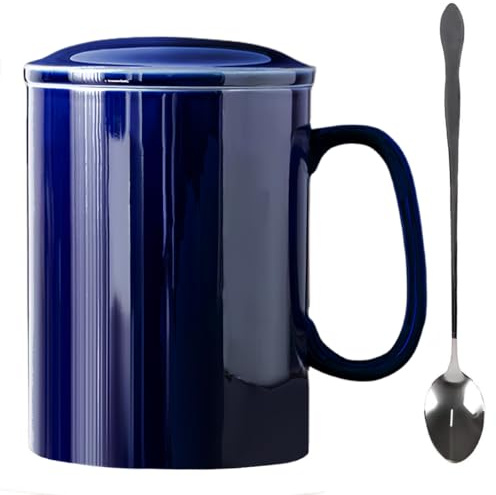 KOPYFANTAP Stor mugg 1000 ml, extra stor keramisk kaffekopp med lock och sked mugg keramik med stort handtag för kontor och hem, blå
