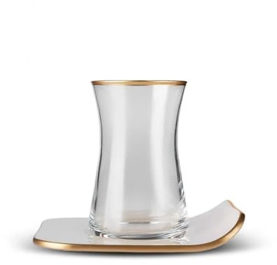 KARACA Service à thé turc rétro 12 pièces pour 6 personnes, 165 ml, 6 verres à thé turc avec soucoupes, 12 pièces, thé turc, verre, assiettes à thé, crème