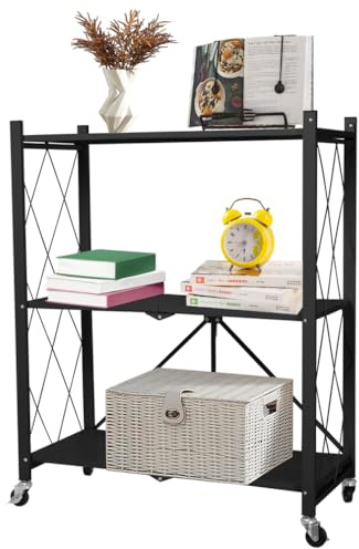 Hershii Tung lasthylla, metallgolv, hopfällbar kökshylla med hjul, stående hyllor för garage, kök, kontor, bokrum, hörn organisatörhylla (svart, 70 x 34 x 87 cm)