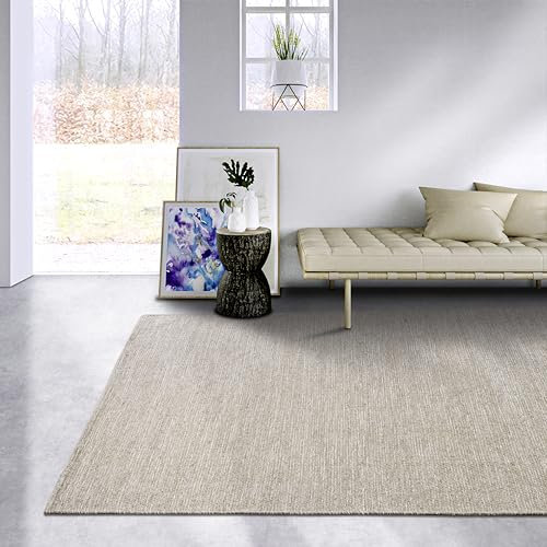 Elle Decor ation Pradesh Alfombra de Lana Natural, Tejida a Mano y respetuosa con el Medio Ambiente, para salón, Dormitorio, Comedor, Pasillo, Cocina, Lino Blanco, 160 x 230 cm