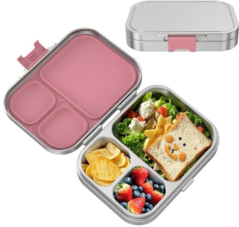 VITONIS Edelstahl Brotdose Lunchbox mit 3 Fächern, Bento Lunch Box Kinder Auslaufsicher BPA frei, Spülmaschinenfest, Perfekt für Schule, Kindergarten & Unterwegs (Rosa)