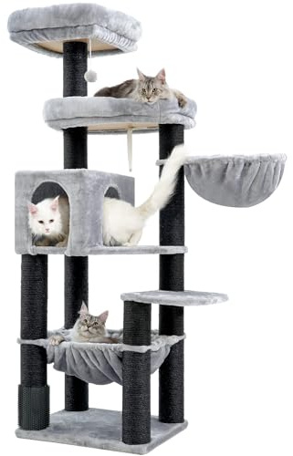 Hey-brother Klösträd, 11 cm tjock sisalkolumn, hängmatta, MPJ01W | 168 cm kattträd, 2 plattformar, korg, kennel, husdjursborste, perfekt för inomhus Maine Coon, ljusgrå