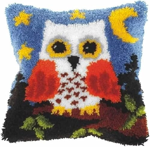 ROCKY&CHAO Latch Hook Kit for Adults & Kids, Complete DIY Cushion Making Craft Kits with Yarn & Canvas and Crochet Needle, Latch Hook Pillow Cover Adult Craft Kits Home Decor for Women - Owl 43x43cm