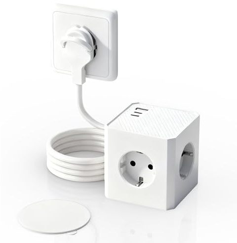 Treibo PD20W uttagskub med 3 USB och platta kontakter, vit | 6-i-1, grenuttag kub, 1,5 m kabel, strömkub, för resor kök kontor