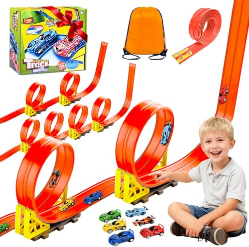 Rennbahn Kinder 5M, Autorennbahn Flexible mit 6 Autos, Rennstrecke Auto Autobahn Kinder Rollt Auf Dual Rennbahn Rampen, Autorennbahn Race Car Track für 1/64th Autos, Geschenk ab 3+ Jahr(Orange)