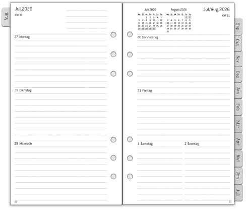 Agenda settimanale 2026 2027 Personal A6, 6 fori, 1 settimana, 2 pagine con linguette, appunti, contatto, agosto 2026-luglio 2027, 100 GSM, inserti per calendario 2026, 95 x 171 mm, tedesco